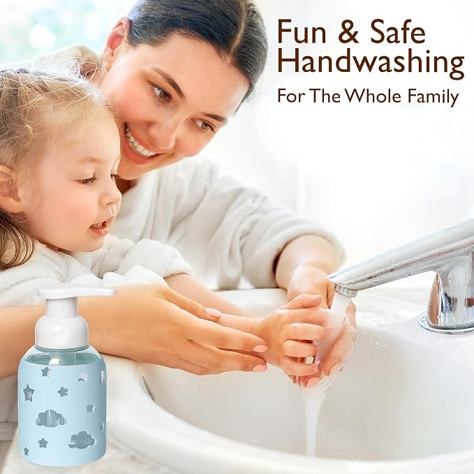 SoCal Suds & Company Foaming Hand Soap Dispenser Glass, Liquid Soap Pump with Cloud & Star Sleeve, Refillable Bottle for Kids, Baby Wash & Shampoo, Ideal for Bathroom & Kitchen Use, Light Blue, 8oz
