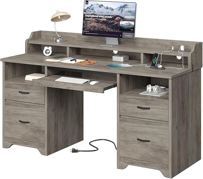 Bestier 59" Executive Desk with Charging Station & Monitor Stand, Grey | Farmhouse Wood Computer Desk with Drawers, Home Office Desk with Keyboard Tray, Sturdy Pedestal Desk for Work Study