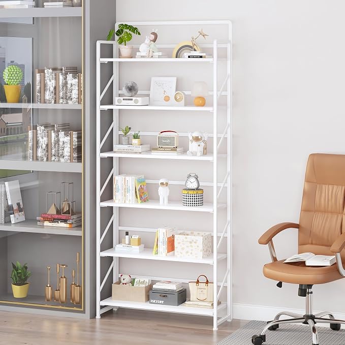 JSB 6 Tier No Assembly Folding Bookshelf, 30.3" Wide Foldable Storage Bookcase for Home Office, Space-Saving Storage Shelf for Living Room (All White)