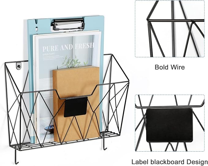 Wall File Organizer, 3 Pack Metal Wall Basket File Holder for Home Office | Vertical Hanging File Organizer, Mail Organizer Wall Mounted Magazine with Label Slot & Hooks, Sorts papers, Mails & Supplies