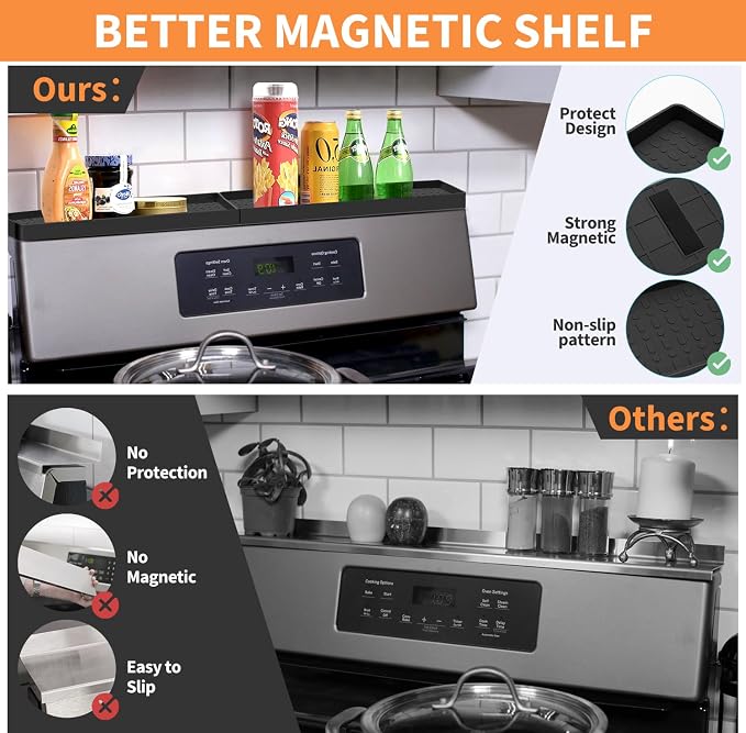 30 Inch Silicone Magnetic Stove Top Shelf, Kitchen Shelf Over Stove Spice Rack Apartment Must Haves Kitchen Gadgets for Above Stovetop Seasoning Organization and Storage with 2 Functional Prtitions
