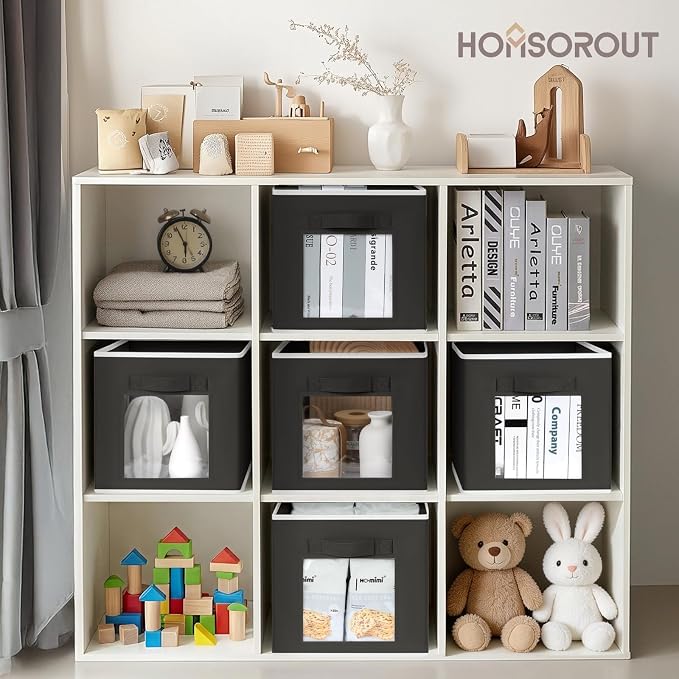 Homsorout Foldable Storage Cubes - Cubby Storage Organizer with Window, Decorative Baskets for Organizing, Fabric Bins for Clothes Storage, Closet Storage Cubes-11inch, 8 Pack, Black