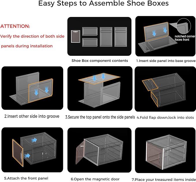 6 Pack Shoe Storage Box Organizer, Clear Thicken Stackable Plastic Shoe Boxes with Magnetic Door, Sturdy Shoe Containers for Sneakers Boots, Easy to Assemble, Fit up to US Size 12(13.2"×10.6"×7.5")
