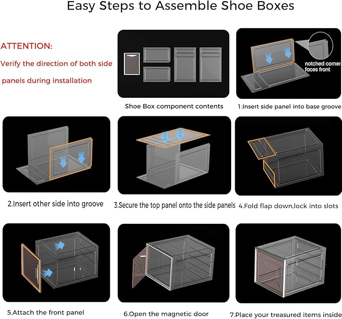6 Pack Plastic Shoe Storage Box Organizer Magnetic Stackable | Upgraded Thicken Material, Stackable Space-saving, Fits Sneakers & Boots, Sturdy Shoe Box, Magnetic Door, Easy Assembly