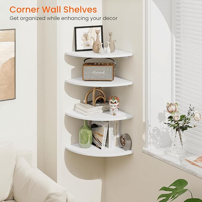 Homode Corner Floating Shelves, Set of 4 Round Corner Shelf Wall Mount with Cord Hole, 12 Inch Wood Curved Corner Hanging Shelf for Cable Box, Speaker, TV Cords, Books, Plants, White