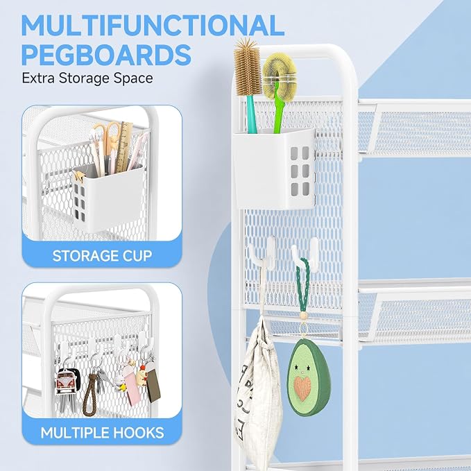 4 Tier Metal Rolling Utility Cart - Heavy Duty Storage Trolley with Pegboard, 4 Hooks & 1 Bin, Mobile Organizer Shelves for Bathroom Kitchen Office Craft Room Laundry