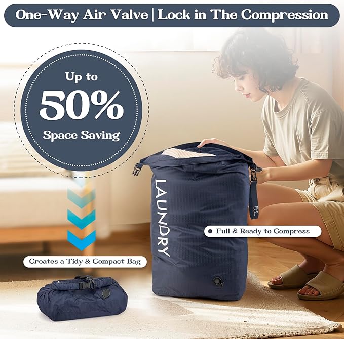 Travel Laundry Bag, Waterproof Compression Storage for Dirty Clothes | Wet/Dry Space-Saving Laundry Storage Organizer, Smell Proof Storage Bag for Clothing, Swimming, Yoga, Gym, Camping,L