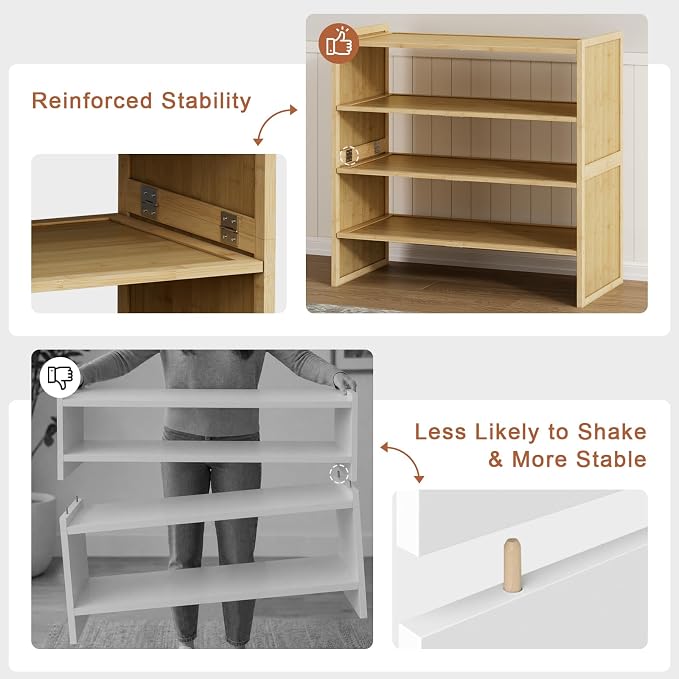 4 Tier Bamboo Shoe Rack, Tall Wood Shelf for Closet | 4 tiers maximize vertical space. 6.7in height fits boots. Great for living room, closet, balcony.