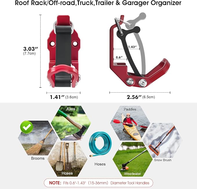 4 Pack Shovel Holder Wall Mount for Truck & Trailer, Adjustable Rubber-Coated Clamp for Shovel, Broom & Rake,Axe (0.6"–1.43"), Tool Holder for Overlanding, Off-Road, Work Truck & Garage,Red