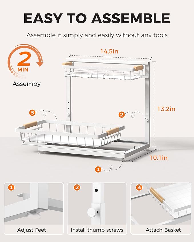 Sevenblue 3 Pack Under Sink Organizer, Multi-Purpose 2 Tier Pull-Out Metal Under Kitchen Sink Organizer, Height Adjustable Storage Shelves for Kitchen Bathroom Cabinet (White)
