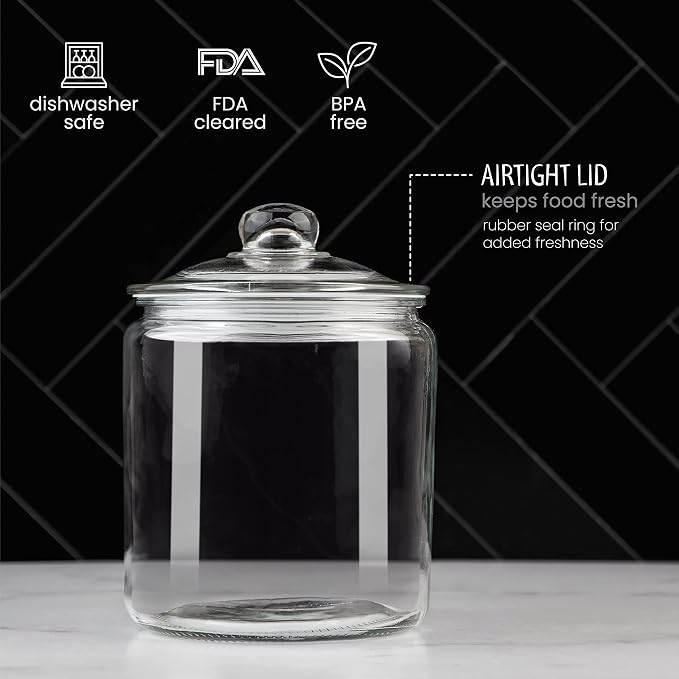 1 Gallon Glass Cookie Jar - Large Food Storage Container with Airtight Lid - Keep Fresh Flour, Chewy Pet Treats, Candy, Dried Foods, Detergent Pods for Your Kitchen or Laundry Room- Pack of 2