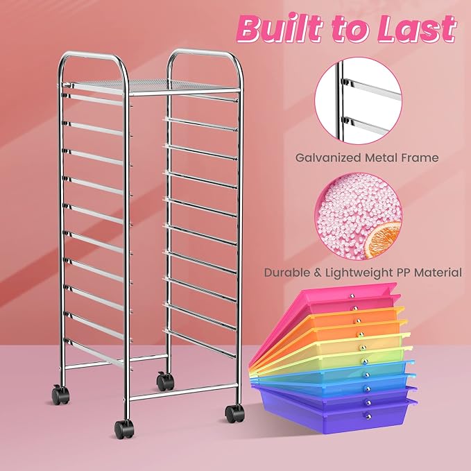 DREAMADE Rolling Cart with Storage Drawers, Utility Cart with Removable Plastic Drawers, Lockable Wheels, Art Cart for Classroom Organization Art Supplies Office Scrapbook (10 Drawers, Rainbow)