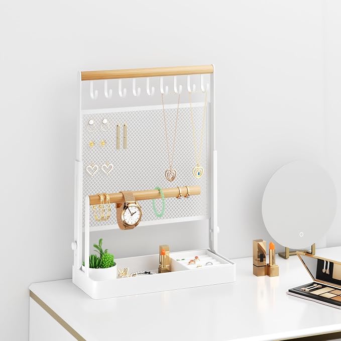 Jewelry Organizer Stand with Velvet Ring Holder, Liftable Necklace Holder with Earring Organizer Net, 9 Hooks Necklaces Storage Wooden Handing Bar for Bracelets Watches Rings (White)