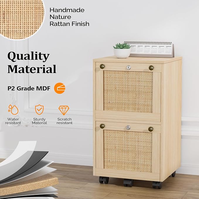 VINGLI 2 Drawer File Cabinet with Lock, Rolling File Cabinets for Home Office, Small Printer Stand, Wood Rattan Oak File Organizer, Under Desk Filing Cabinet on Wheels for Folders with Tabs