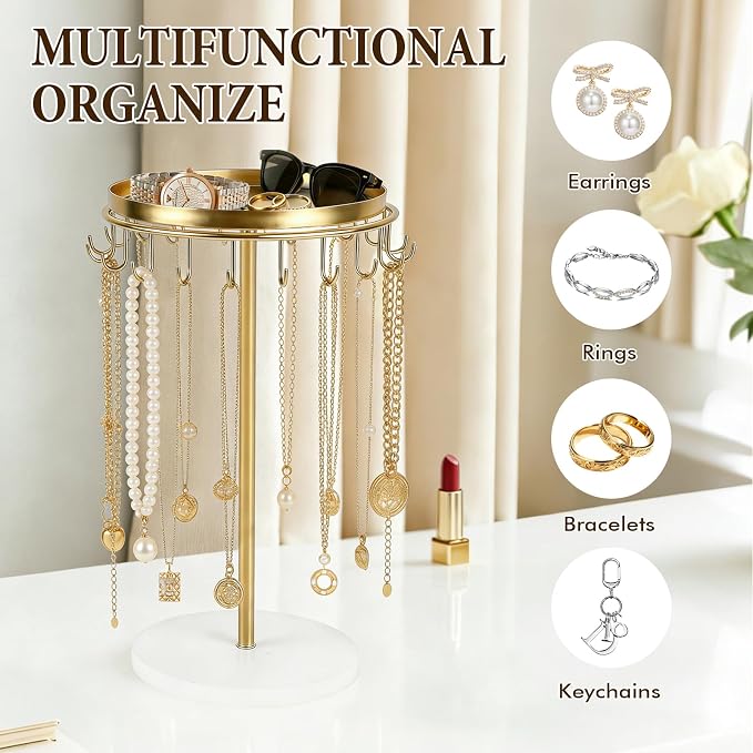 Necklace Holder Metal Jewelry Organizer Stand, Necklace Organizer Hanger with Tray & Hooks for Desk, Jewelry Holder for Necklaces Bracelets and Keychains, Elegant Home Hanging Decor - Gold