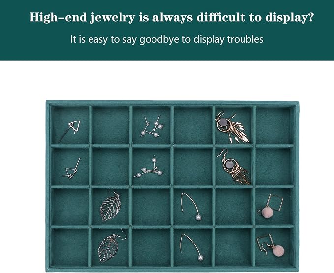 Large Velvet Jewelry Tray, Drawer Organizer for Jewelry in Dresser, Stackable Jewelry Drawer Organizer Inserts for Earring Necklace Bracelet Rings(Green,24grid)