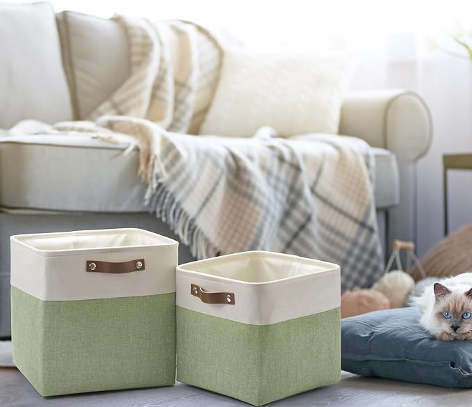 Patvingot Fabric Storage Cubes 11", 6 Pack, with PU Pull Handles,Foldable | For accessories on cube shelves or in closets; reinforced opening, pull-out access, folds flat when empty,white and green