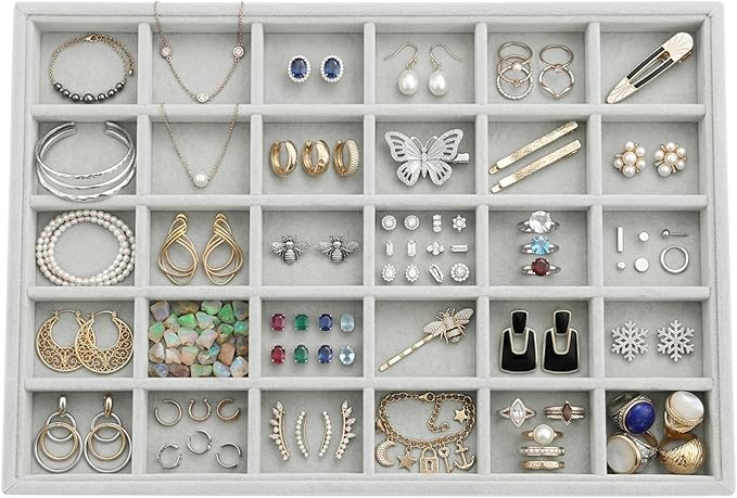Stratalife 30 Grid Jewelry Organizer Tray, Stackable Drawer Earring Organizer with Adjustable Dividers, Jewelry Display Tray for Necklace Earring Ring Bracelet, 13.8" x 9.4" x 1.2", Grey