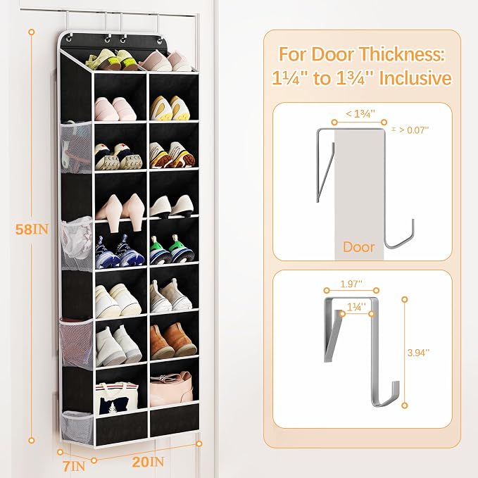 Yecaye 16-24 Pairs Over the Door Shoe Organizer, Large Capacity Hanging Shoe Rack for Door Hanger with Deep Pockets, 8 Tier Shoe Holder for Sneakers Boots Heels College Dorm Essentials, Black