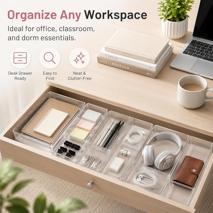 10 Pack Large Drawer Organizer Bins - Clear Plastic Bathroom Drawer Organizer Trays - Heavy Duty Kitchen Drawer Dividers for Utensils - Non-Slip Storage Bins for Makeup, Bedroom, Office Desk