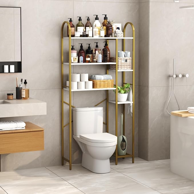 HOMEFORT Over The Toilet Storage with Side Rack, 6-Tier Over Toilet Storage Rack with Adjustable Shelf, Space Saver Bathroom Organizer for Laundry, Balcony, Kitchen,31.5" W x 9.4" D x 65" H, Gold