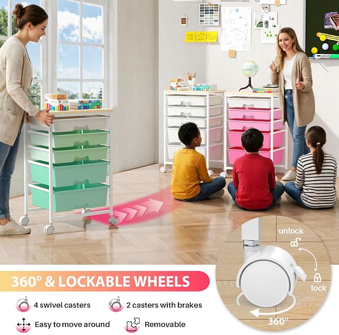 Goovilla Rolling Cart with Drawers, Utility Cart Organizer With 5 Removable Drawers and Wooden Tabletop, Lockable Rolling Storage Organizer for Art, Classroom, Home, Dorm, Office, Craft Storage, White
