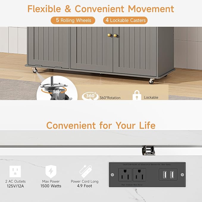 ONBRILL 60" Kitchen Island with Power Outlet & Drop Leaf, Rolling Island with Spice Rack & Towel Rack, Kitchen Island Cart with Trash Storage Cabinet, Island Table for Kitchen, Grey+Imitation Marble