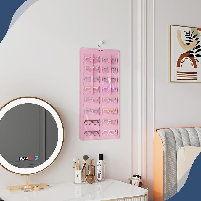 Hanging Sunglasses Organizer and Storage, 32 Slots Jewelry Holder, Pink | Protect eyewear from dust with double-sided clear compartments; roof design hangs on wall, door or closet for home/RV travel.