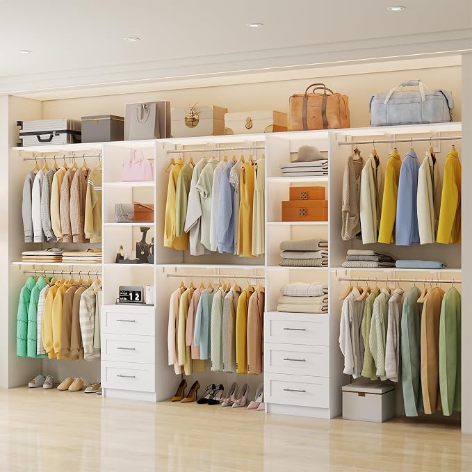 Closet System with 6 Drawers, 6FT-12FT Closet Organizer System with Cuttable Shelves Walk in Wooden Closet Storage System with 6 Hanging Rods Modular Closet, 2 Sets White
