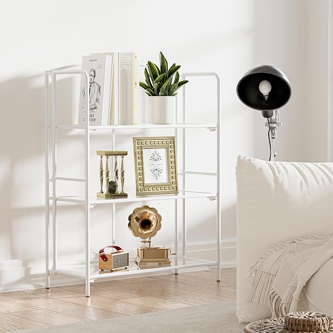 Crofy 3-Tier Wider Foldable Bookshelf, White Frame & Transparent Shelves | No-Assembly Collapsible Portable Storage Organizer; Sturdy Transparent Shelves; Ideal for Living Room & Home Office