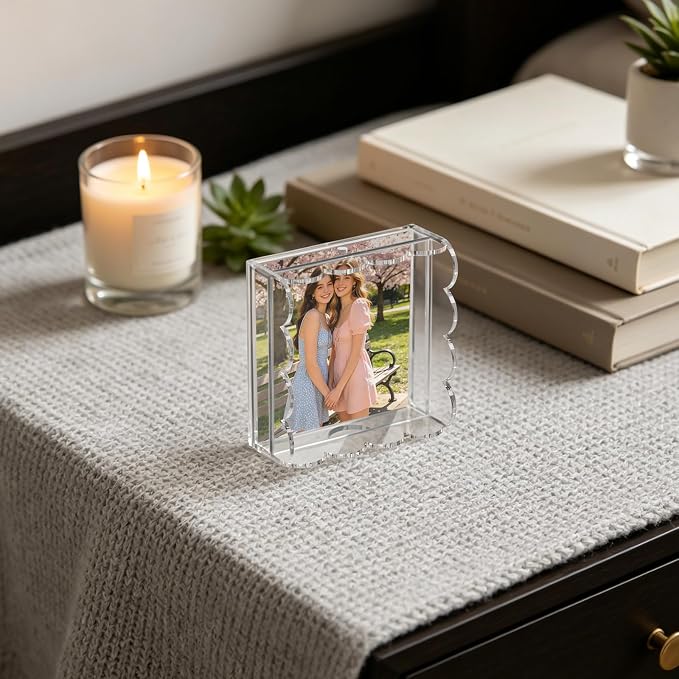 Scalloped Acrylic Tray, 5 x 5 Inch Clear Acrylic Tray with Drawer for Insert Needlepoint Photos, Organizer Tray for Vanity Perfume Jewelry Storage, Acrylic Decorative Tray for Home Decor Gift