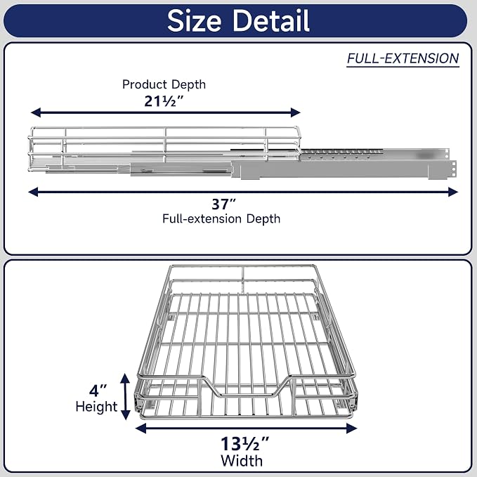 Pull Out Cabinet Organizer, 13.5" W x 21.5" D, Heavy Duty Chrome Slide Out Shelf for Base Cabinets, Sliding Wire Basket Drawer for Pantry Items, Bowls, Containers & Cleaning Supplies