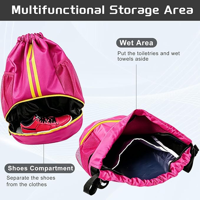 Rose Sports Drawstring Backpack with Shoes Compartment, String Gym Bag with Wet Proof Pocket for Basketball, Soccer, Swim, Sport Bag for Men and Women