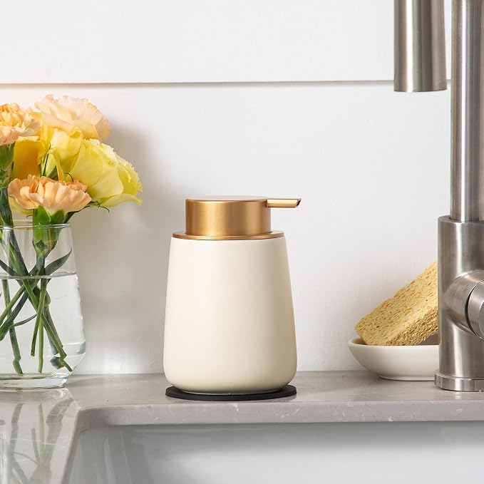 Enra Foaming Soap Dispenser,12 Oz Modern Foam Soap Dispenser with Gold Pump for Bathroom, Kitchen with Easy-to-Press Pump (Beige Foam Gold Pump)