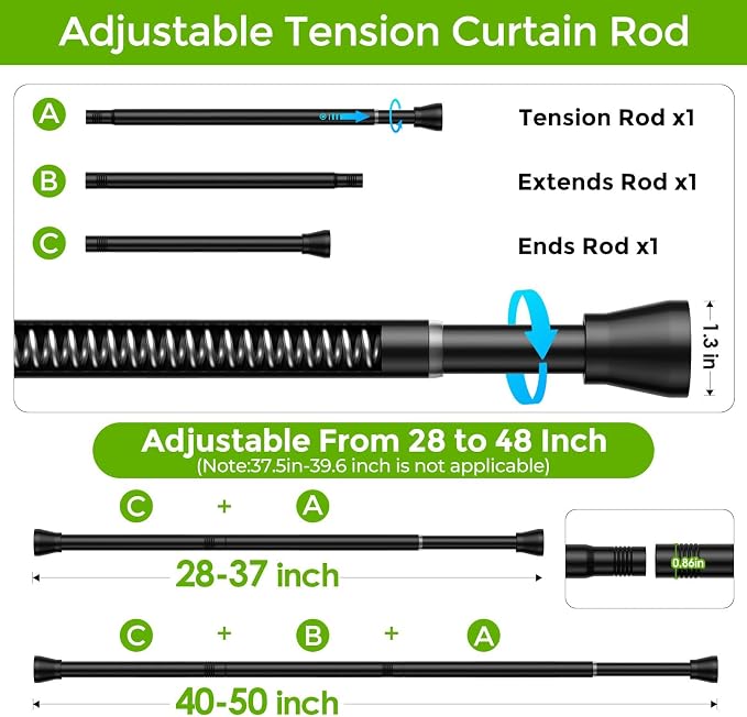 2 Pack Spring Tension Rod 28-48 Inches No Drilling Adjustable Black Spring Loaded Curtain Rod Expandable Extra Long Tension Curtain Rod for Windows,Kitchen,Doorway