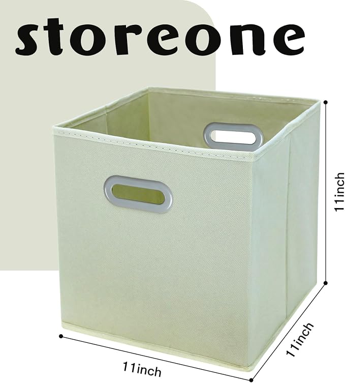 STOREONE Fabric Storage Bins Cubes Baskets Containers-(11X11X11) with Dual Handles Cube Storage Organizer Bins for Shelf Closet, Bedroom Organizers, Foldable Set of 3 (Creamy- White )