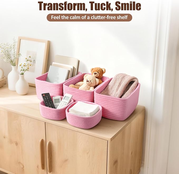 5-Pack Small Woven Rope Storage Baskets, 2 Sizes Organizer Bins | Fabric Cube Boxes and Rectangular Shallow Bins for Closet, Shelf, Bookshelf, Nursery, Changing Table, Bathroom, Toys & Home