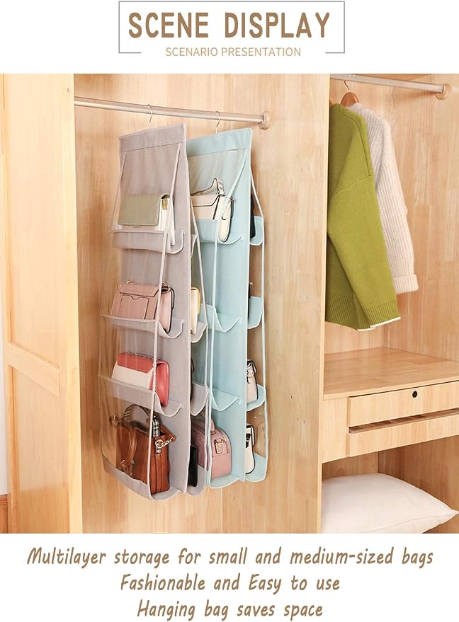 AARAINBOW 1 Pack Hanging Handbag Purse Organizer, Hand Bag Organizer Space Saving, 8 Pockets Wardrobe Organizer, Purse Holder for Closet, 46 L x 13.8W (B-Light Pink)