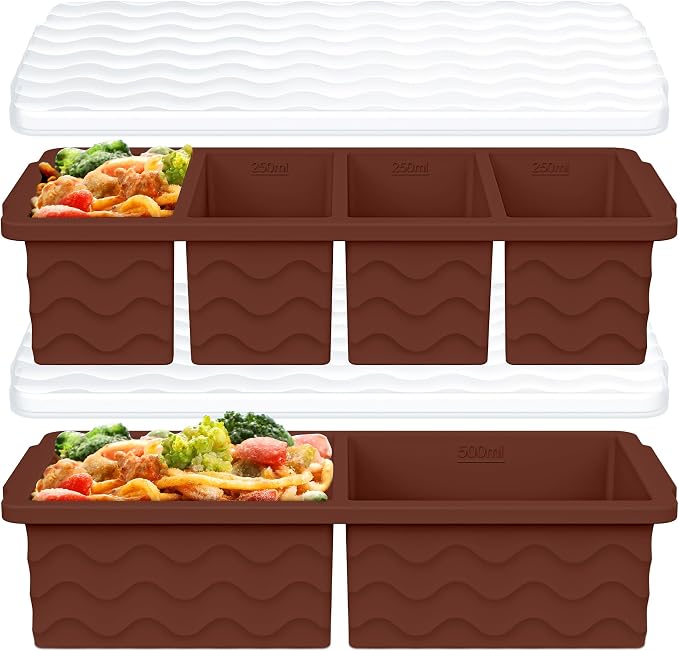 Silicone Freezer Molds for Soup with Lid, 1-Cup & 2-Cup Large Ice Cube Trays Food Storage Containers for Meal Prep, Freeze 500mL/250mL/125mL Portions – 2 Pack