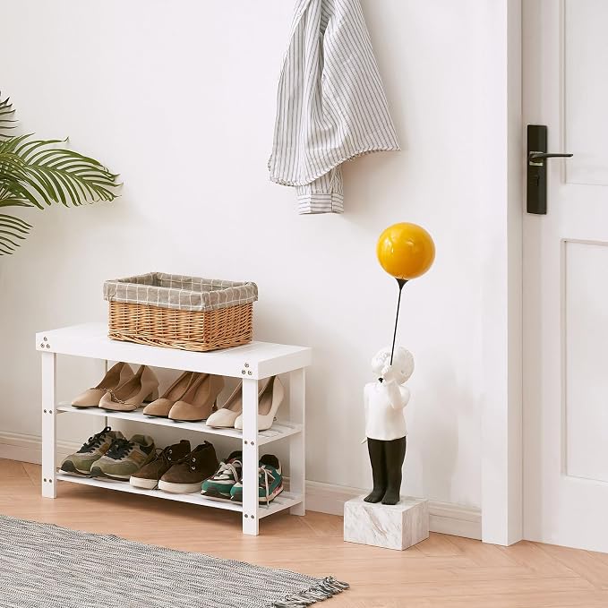 Apicizon Bamboo Shoe Rack for Entryway, 3-Tier Shoe Rack Bench for Front Indoor Entrance, Small Shoe Organizer with Storage, White