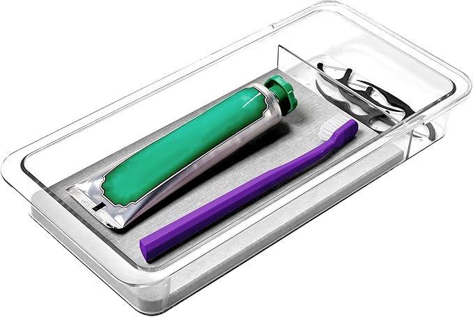 madesmart Toothbrush Drawer Organizer with Drying Stone, Clear Dental Organizer Tray for Bathroom Drawers, Toothpaste Holder, Dental Floss, Water Flosser and Mouthwash Storage, 12 Inch