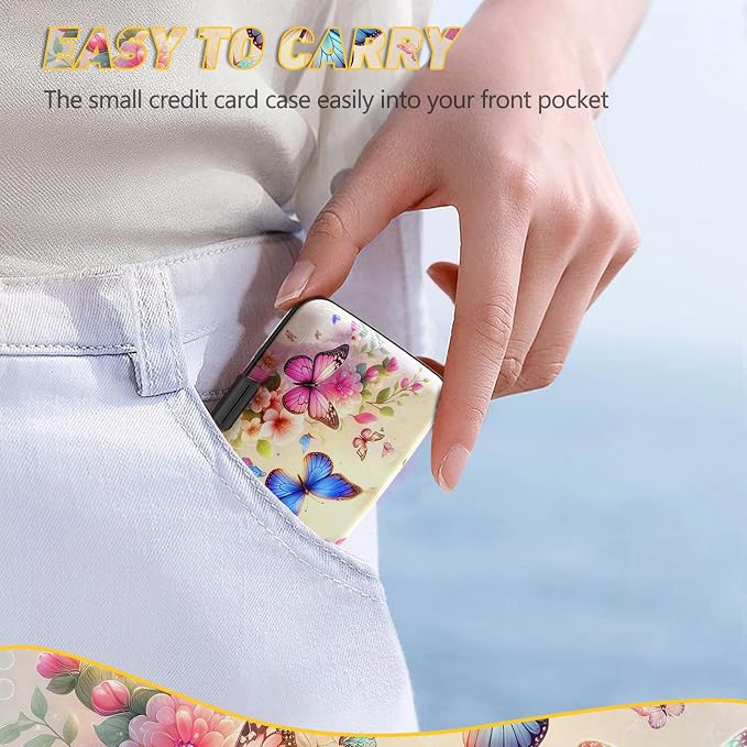Credit Card Holder, Colorful Butterfly Mini RFID Small Aluminum Card Wallet | Blocking Slim Metal Business Card Case, RFID Blocking Front Pocket Wallet Hard Case Durable CC Holder for Women Girl