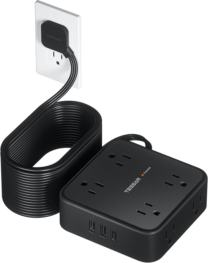TESSAN Surge Protector Power Strip, 25 Ft Flat Plug Extension Cord with 3 USB (1 USB C) 8 Outlets, 900J Protection, 3 Sided Outlet Extender with Power Switch for Office, Dorm Room, Black