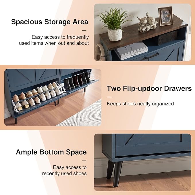 Barnyatoh Shoe Storage Cabinet,Farmhouse Shoe Organizer with 2 Flip Drawers & Barn Door Design,Freestanding Hidden Slim Narrow Shoe Rack Cabinet with Open Storage for Entryway, Foyer,Hallway,Navy Blue