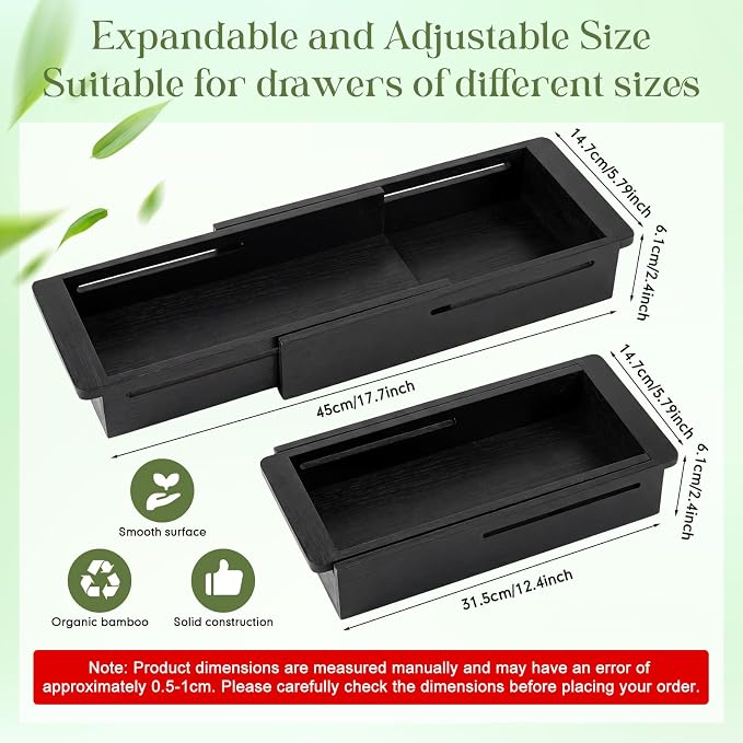 LemonRoad 1 Pcs Sliding Drawer Organizer Bin Bamboo Drawer Expandable Bins Utensil Organizer for Kitchen Spoons Forks Knives (Black)
