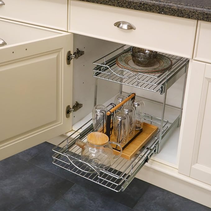 Sikarou Pull Out Cabinet Organizer 2-Tier Individual Slide Out Drawer Pantry Shelf Storage for Kitchen Base Cabinet Organization for Kitchen, Bathroom, Pantry, Chrome (2-Tie 7 * 21 in)
