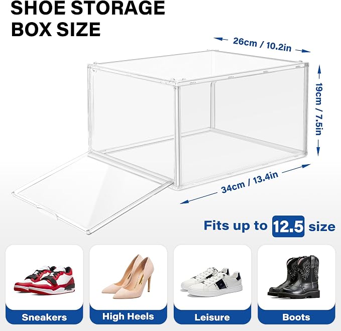 1 Pack Drop Front Shoe Boxes Acrylic Box Sneaker Case Size 12, Transparent Display Cases for Sneaker Collections, Baseball Caps, Hat Organizer Dust-free Shoe Cubbies Stackable Sneaker Boxes