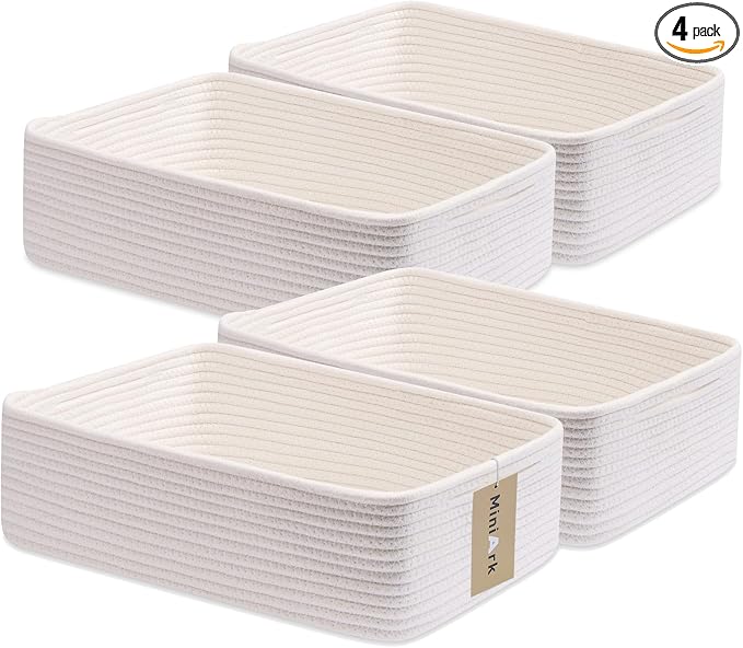 MiniArk Large Shallow Organizing Baskets 15x11x5.1 Inches - Rope Woven Storage Bins for Bathroom, Shelves, Cube Closet, Off White 4 Packs