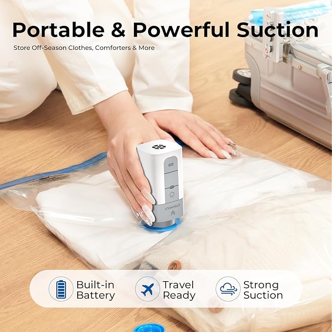 ETENWOLF Vacuum Storage Bags for Travel with Rechargeable Wireless Pump, Vacuum Seal Bags for Clothes and Travel, Space Saver Bags in Carry-On Sizes, Perfect for Luggage and Suitcases, 10 Large
