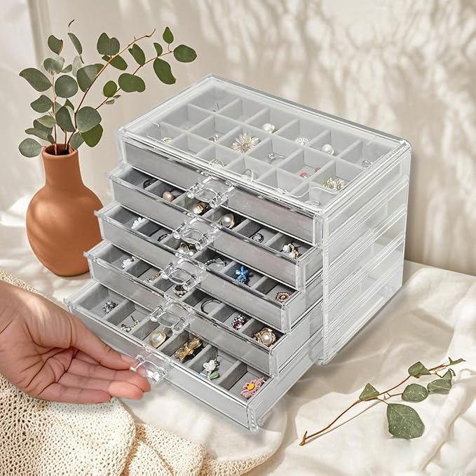 Acrylic Earring Holder Organizer with 5 Drawers Clear Earring Organizer Box with 90 Adjustable Grids Velvet Earring Display Case Jewelry Organizer for Earrings Rings Studs (Grey)